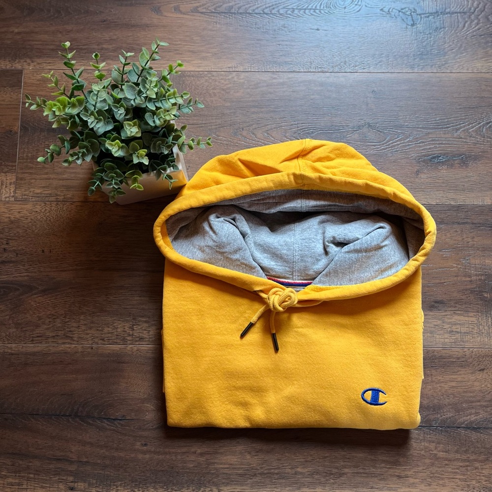 Men’s Champion Yellow Hooded Powerblend Sweatshirt - Size S